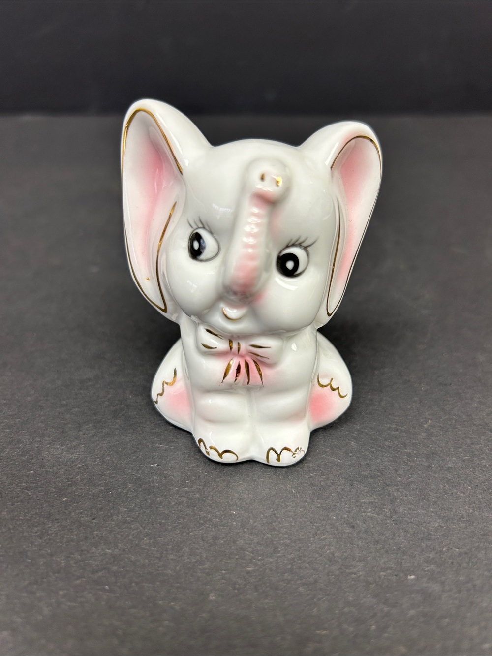 Vintage 3”anthropomorphic kitsch white porcelain baby elephant with gold accents